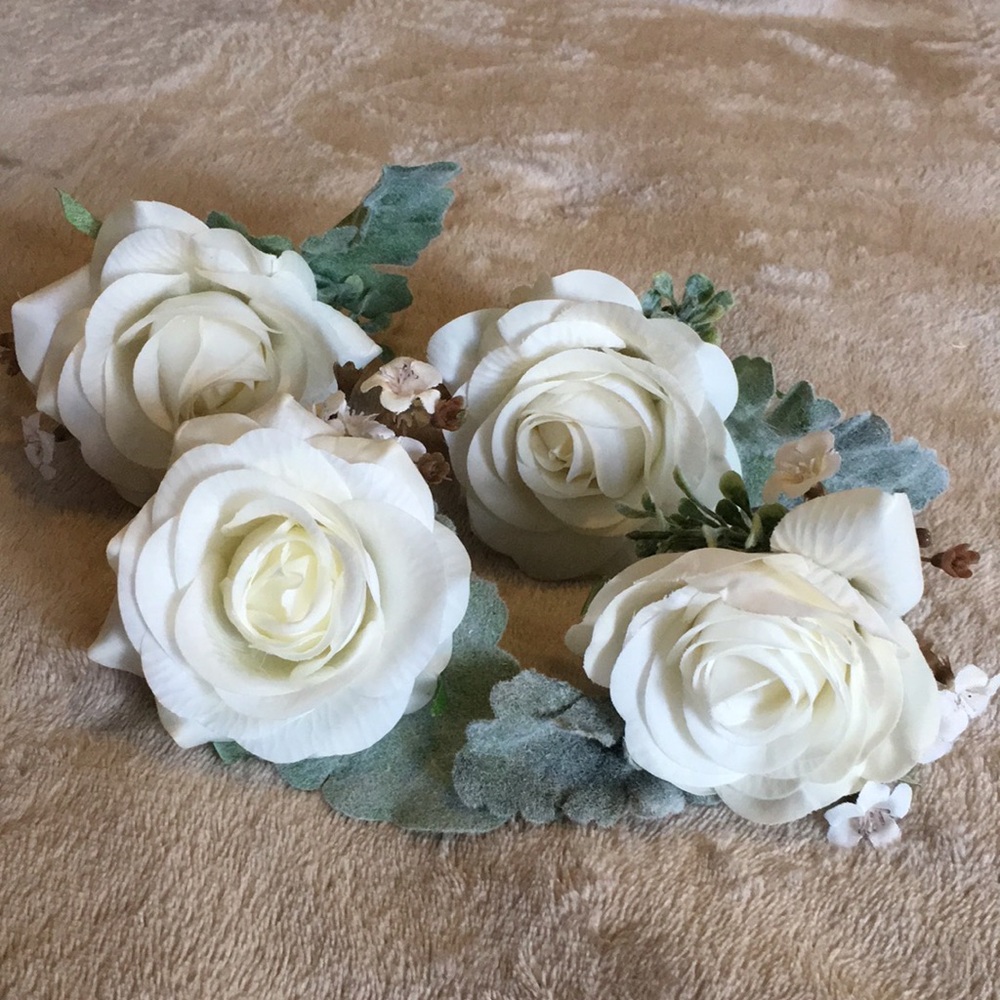 White Faux Rose Boutonnières. Set of 4